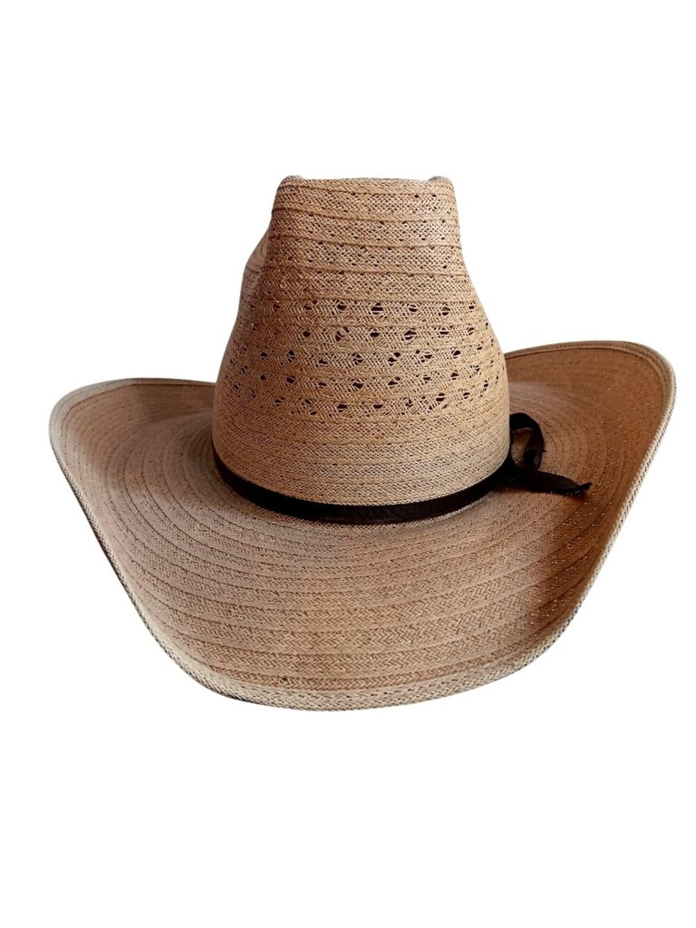 Vintage Cowboy Hat 6 7/8 Straw Western W/ Brown Band Ventilated Crown Natural